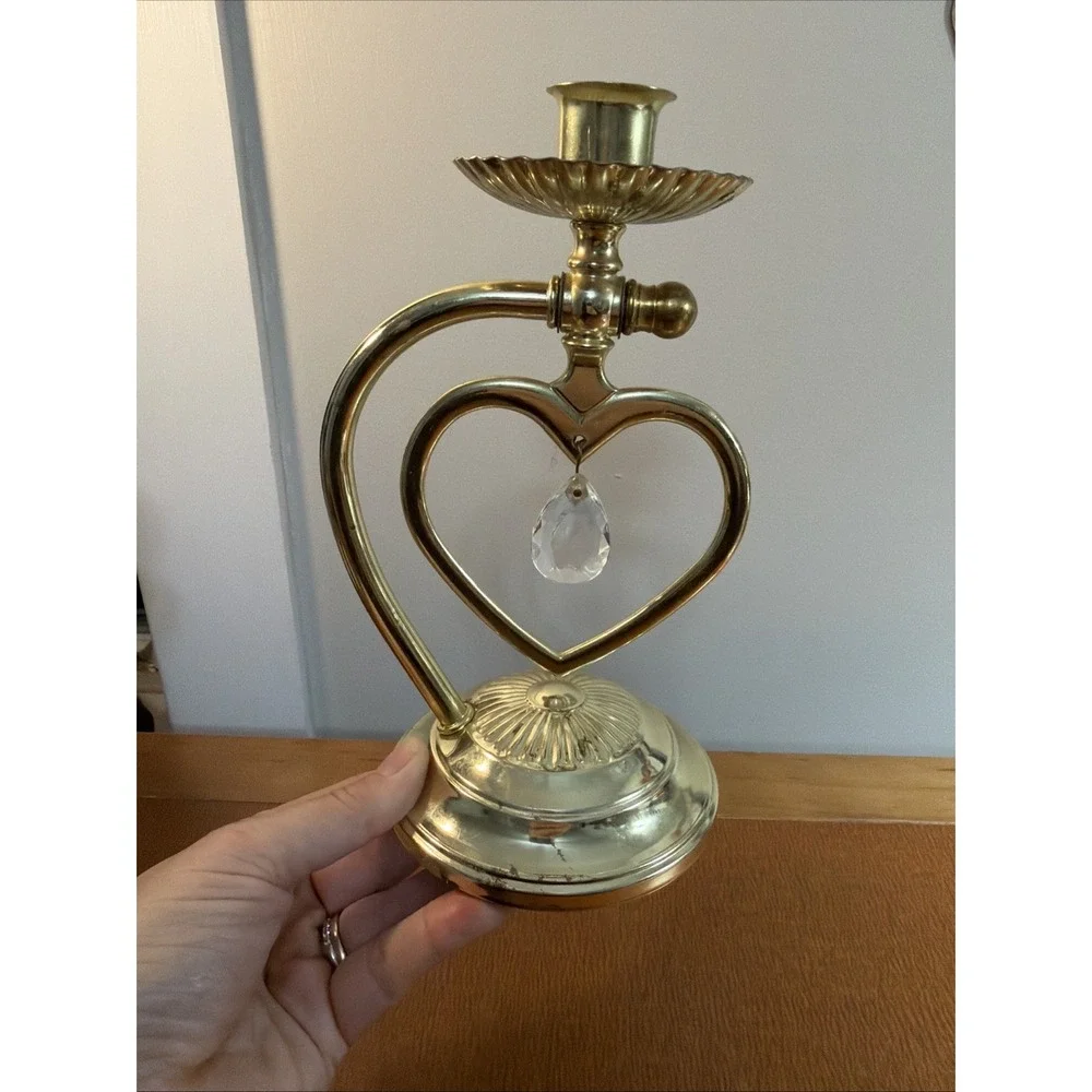 Vintage Brass Candle Holder Free Stand Or Wall Mounted Crystal Pendant 8